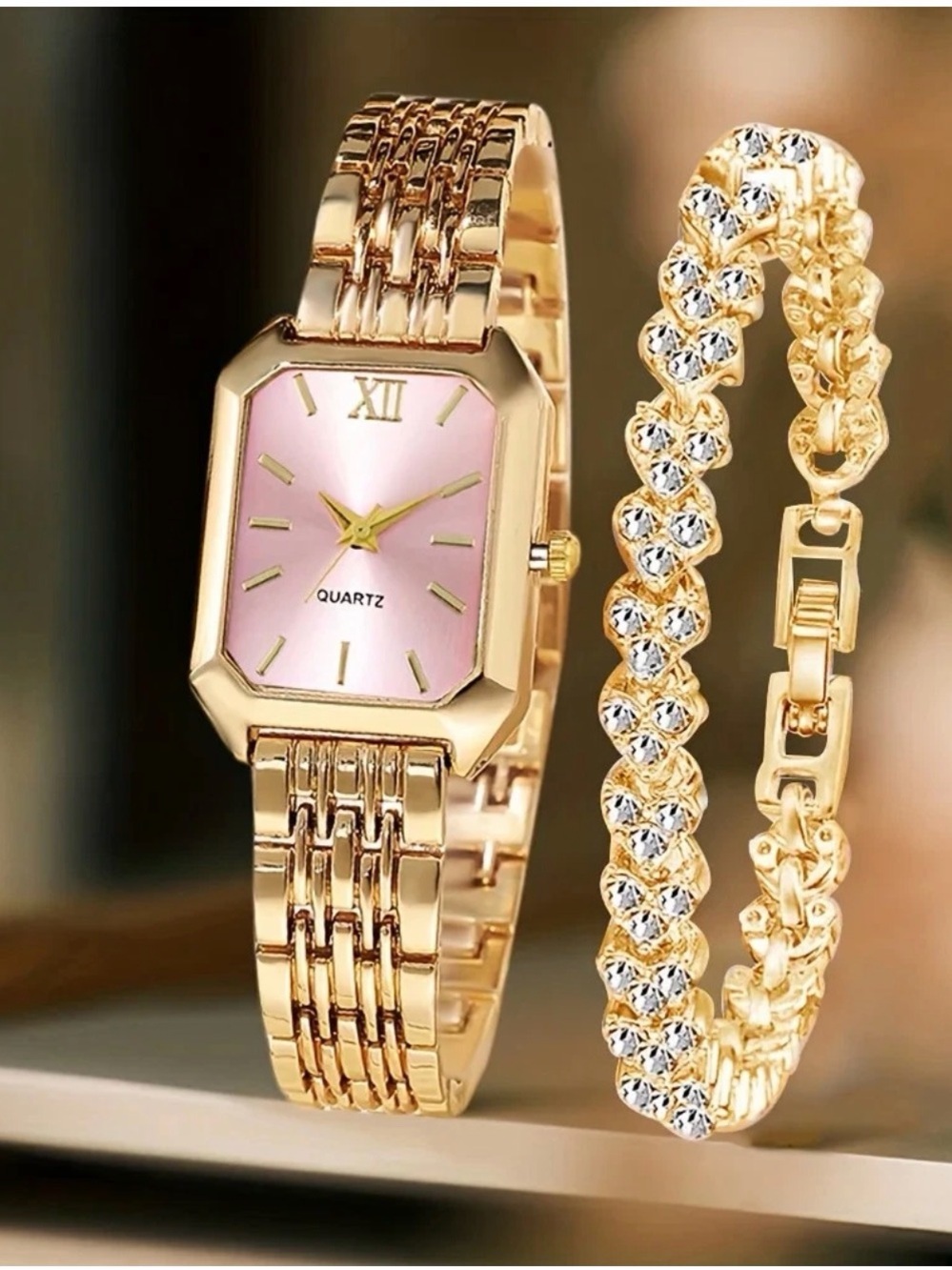 Women's Gold-Tone Watch with Pink Dial and Crystal Bracelet Set